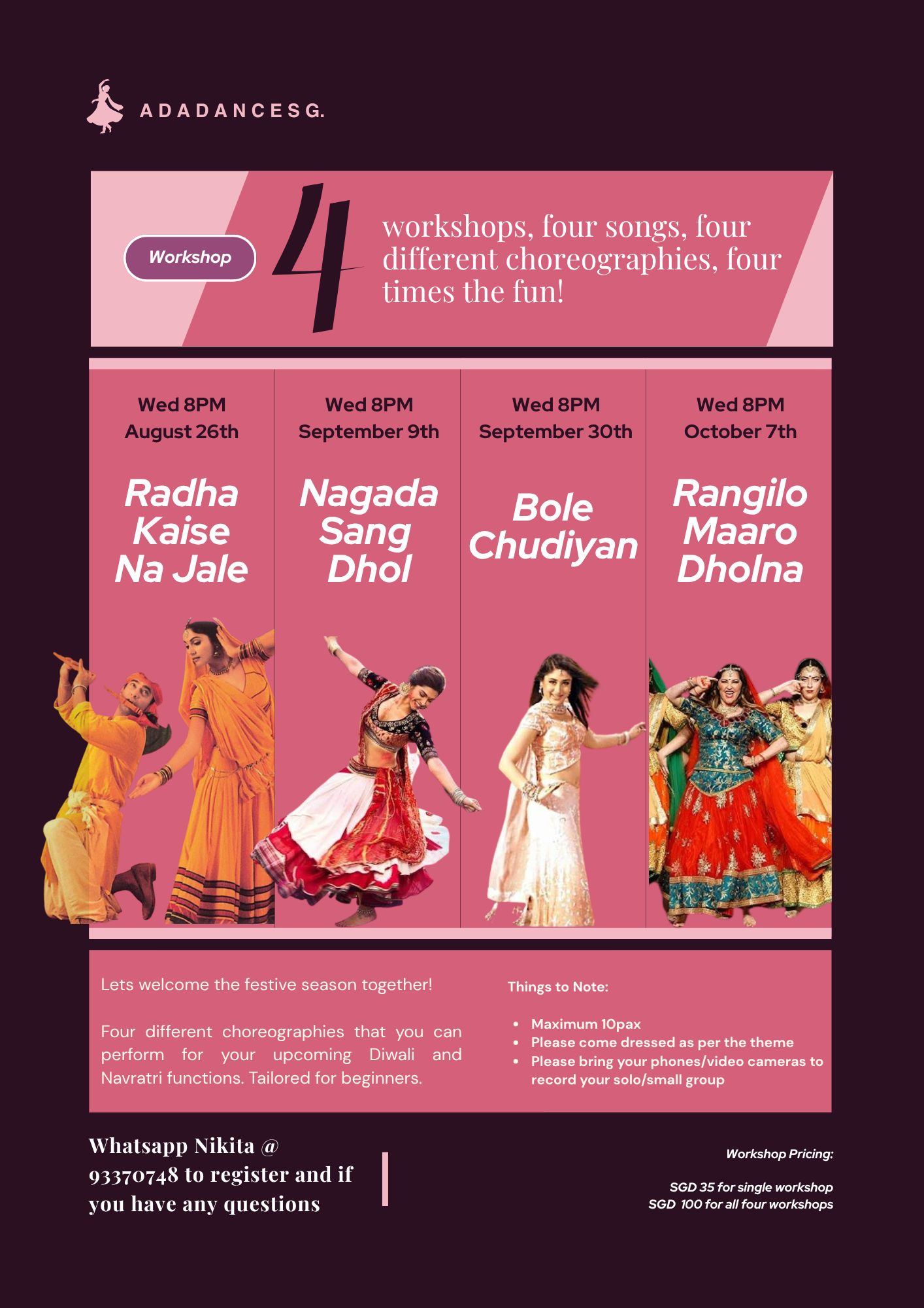 Ada Dance Singapore Wednesday 8PM Bollywood workshop series poster