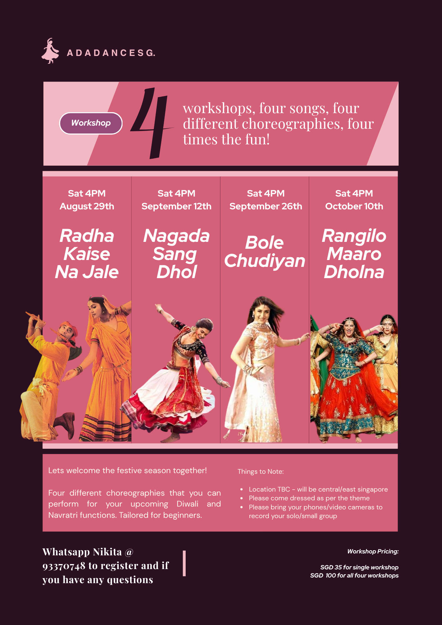 Ada Dance Singapore Saturday 4PM Bollywood workshop series poster