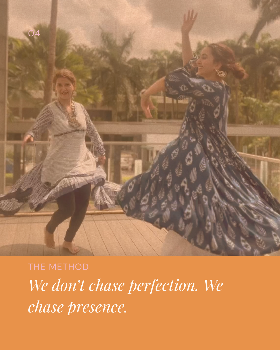 Two dancers spinning outdoors — we chase presence, not perfection
